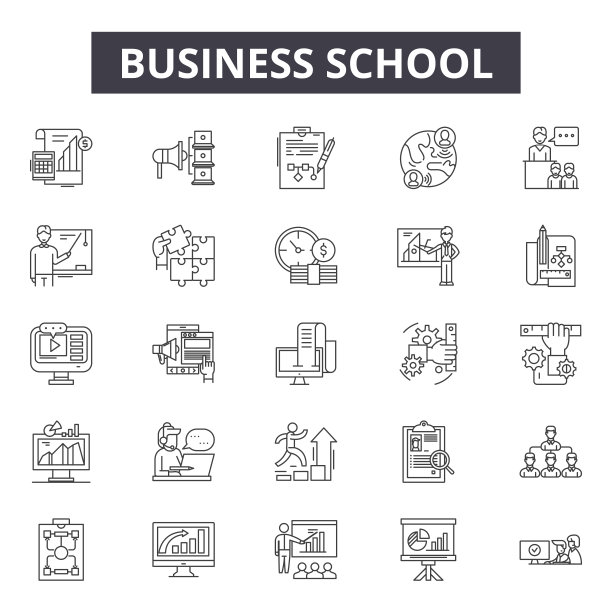 商学院线条图标、标志集、矢量图。商学院轮廓概念，插图：学校、商业、教育、电脑、技术图片下载