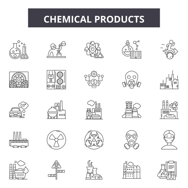 化工产品线条图标、标志集、矢量。化学品产品概述概念，插图:化学品，瓶子，产品，清洁，喷雾，卫生，塑料图片下载