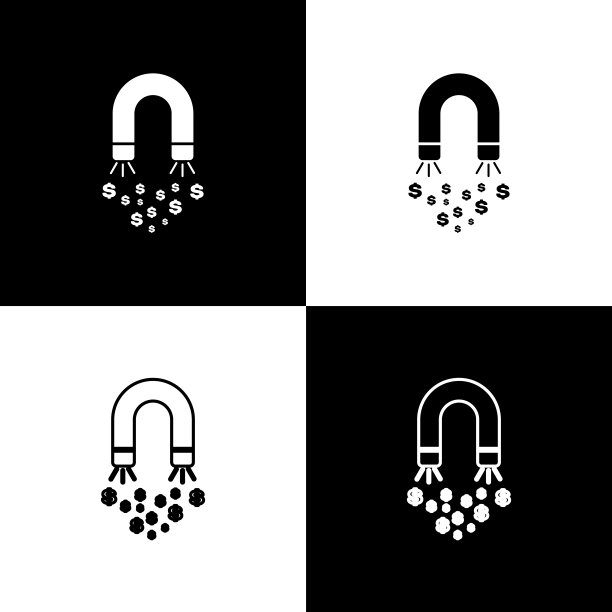 设置磁铁与金钱图标在黑色和白色的背景。吸引投资和金钱的概念。大企业的利润吸引和成功。线条，轮廓和线性图标。矢量图图片下载