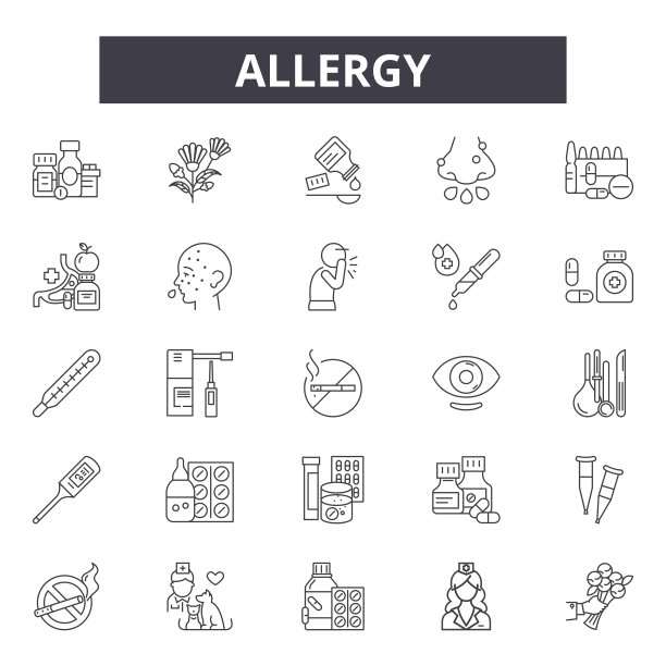 过敏线图标，标志设置，向量。过敏概述概念，说明:过敏、食物、健康、乳糖、小麦、标志图片下载