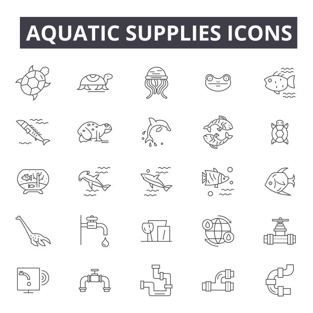 水上用品线图标、标志集、矢量。水生用品概述概念，插图:水，水生，水，供应，自然，孤立，海洋，天气，设置图片下载