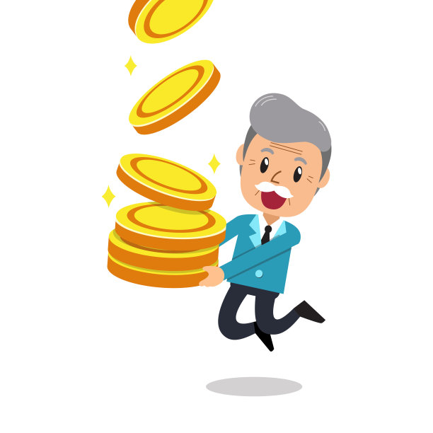 商业概念矢量卡通高级男子与大硬币堆叠图片下载