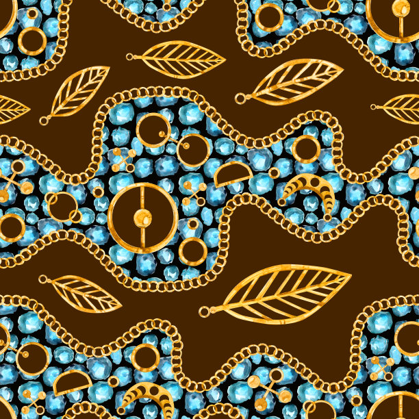 水彩无缝图案金链，宝石和羽毛的颜色背景。图片下载