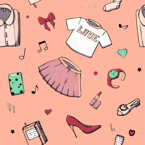 矢量无缝模式与女孩的东西。时尚插画与女装，珠宝，化妆品，礼物和浪漫。可爱事物的实际矢量图。一个年轻女孩的兴趣。图片下载