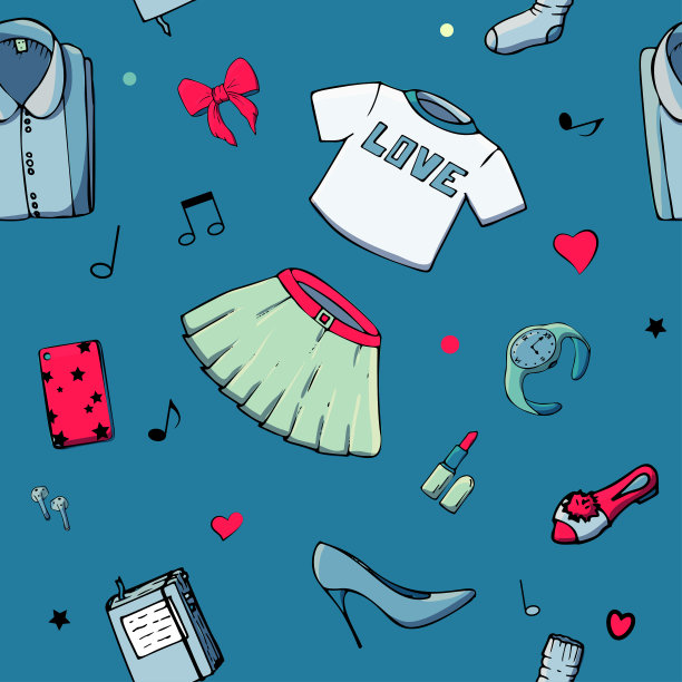 矢量无缝模式与女孩的东西。时尚插画与女装，珠宝，化妆品，礼物和浪漫。可爱事物的实际矢量图。一个年轻女孩的兴趣。图片下载