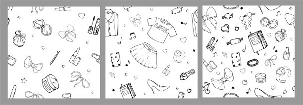 一组矢量无缝模式与女孩的东西。时尚插画与女装，珠宝，化妆品，礼物和浪漫。可爱事物的实际矢量图。一个年轻女孩的兴趣。图片下载
