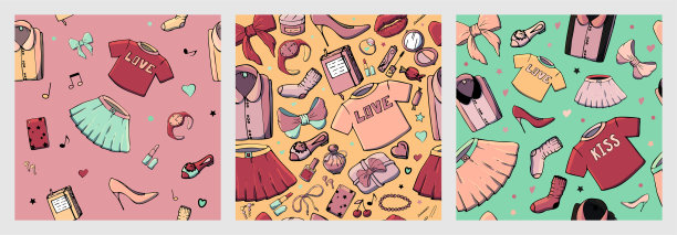 一组矢量无缝模式与女孩的东西。时尚插画与女装，珠宝，化妆品，礼物和浪漫。可爱事物的实际矢量图。一个年轻女孩的兴趣。图片下载