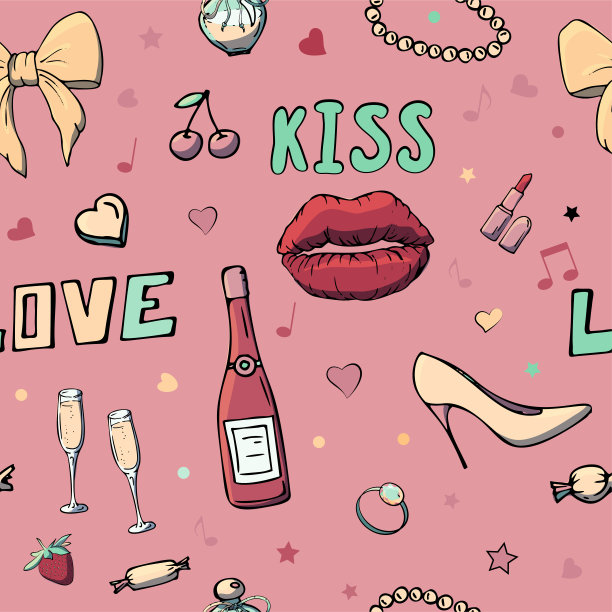 矢量无缝模式与女孩的东西。时尚插画与女装，珠宝，化妆品，礼物和浪漫。可爱事物的实际矢量图。一个年轻女孩的兴趣。图片下载