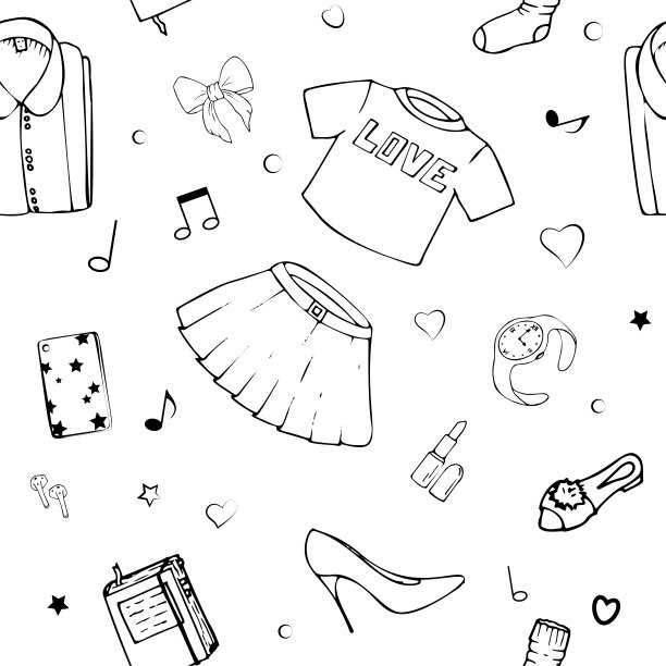 矢量无缝模式与女孩的东西。时尚插画与女装，珠宝，化妆品，礼物和浪漫。可爱事物的实际矢量图。一个年轻女孩的兴趣。图片下载