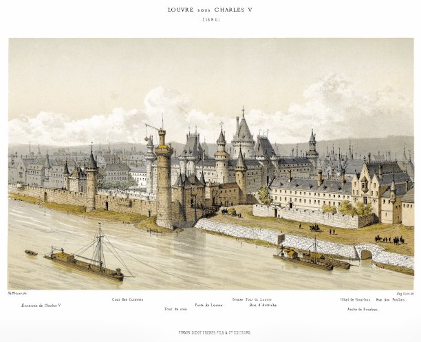1380年查尔斯五世统治下的卢浮宫。1875年的巴黎图片下载