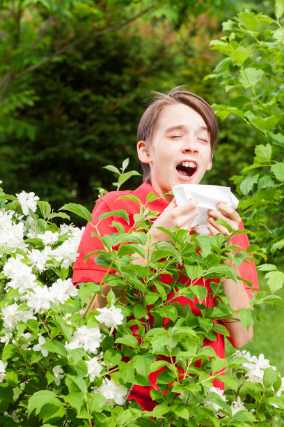 少年打喷嚏在春季花园季节性感染的概念图片下载