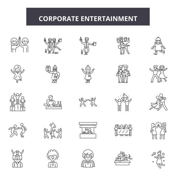 企业娱乐线性图标、标志集矢量图。企业娱乐概要概念、图示：企业、娱乐、网页、商务、媒体、概念图片下载