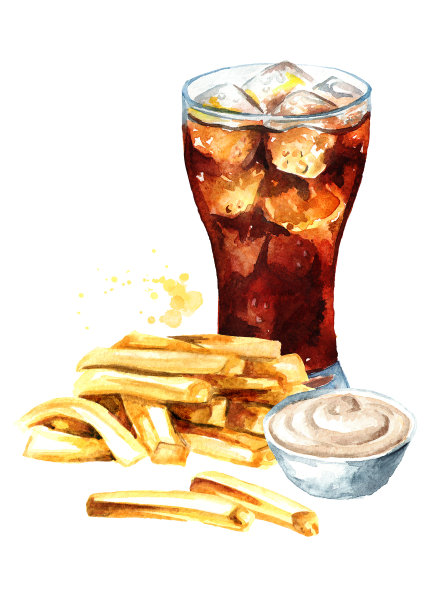 炸土豆条配酱汁和一杯可乐饮料。快餐的概念。水彩手绘插图孤立的白色背景图片下载