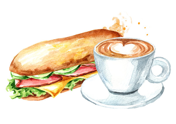 三明治，火腿，蔬菜和一杯咖啡。水彩手绘插图，孤立的白色背景图片下载