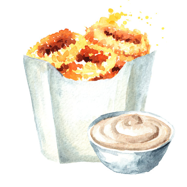 酱炸洋葱圈。水彩手绘插图，孤立的白色背景图片下载