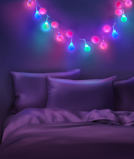 卧室的LED圣诞彩色花环矢量插图图片下载