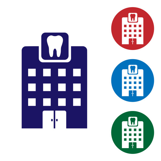 白色背景上孤立的蓝色牙科诊所图标。牙科中心的象征。设置圆形按钮中的颜色图标。矢量图图片下载