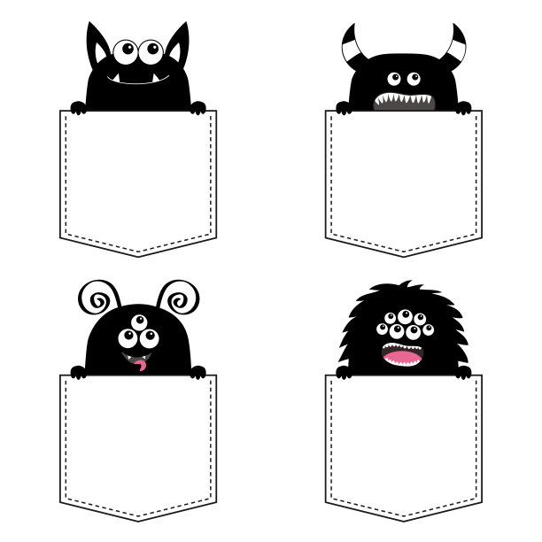 黑色怪物剪影集在口袋里。手牵爪子。可爱的卡通恐怖有趣的人物。万圣节快乐。宝贝收藏。t恤的设计。白色背景。平面设计。图片下载