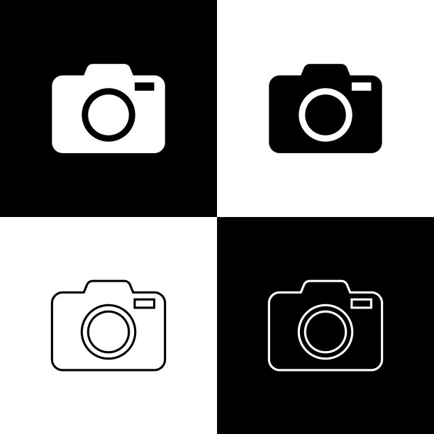 设置照片相机图标孤立的黑色和白色背景。与相机图标。线条，轮廓和线性图标。矢量图图片下载