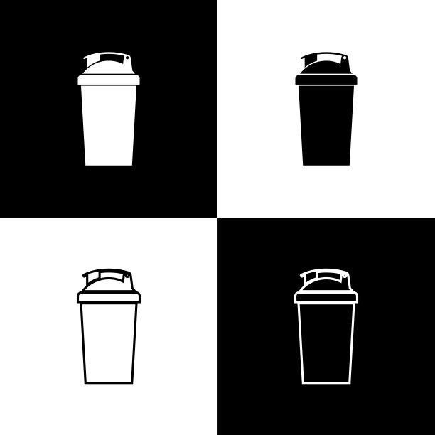 设置健身摇瓶图标孤立的黑色和白色背景。运动摇瓶与盖子的水和蛋白质鸡尾酒。线条，轮廓和线性图标。矢量图图片下载