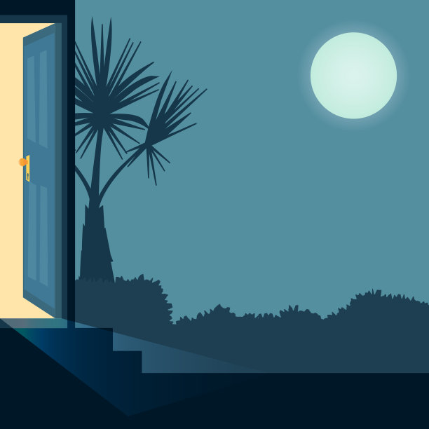 矢量卡通插画家外面的概念与打开大门深夜。背景与房子花园与灌木和棕榈树图片下载