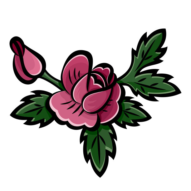 一束粉红色的玫瑰，花蕾和绿叶，黑笔画。矢量插图。图片下载