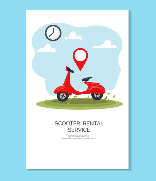 滑板车租赁服务在线预订手机应用模板，横幅，概念。矢量插图，平面卡通设计图片下载