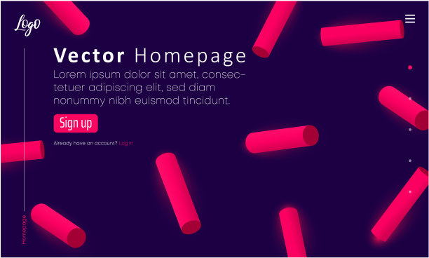 紫色网页首页模板图标和粉红色抽象圆柱体图案。图片下载
