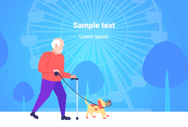 老人与狗在口吻最好的朋友概念爷爷和动物宠物有乐趣的城市公园摩天轮背景全长水平复制空间平坦图片下载