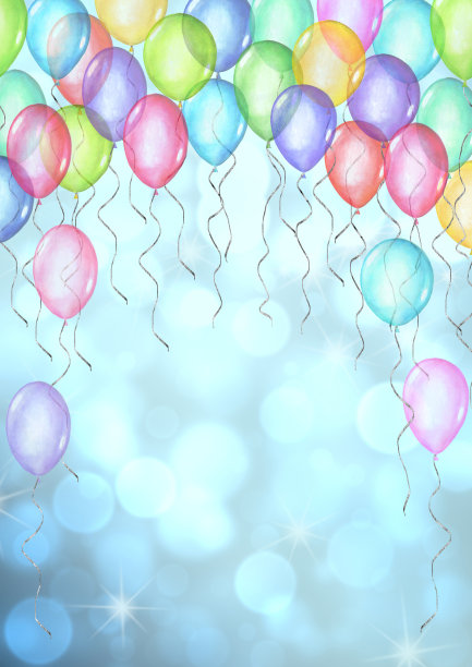 节日快乐的背景。水彩手绘模板与气球在散景背景贺卡。图片下载