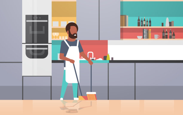 男人扫地与扫帚和勺子非裔美国人做家务的房子清洁概念现代厨房内部男性人物全长度平水平图片下载