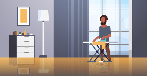 男人熨衣服非裔美国人拿着熨斗做家务家政概念现代房子客厅室内男性卡通人物全长平水平图片下载