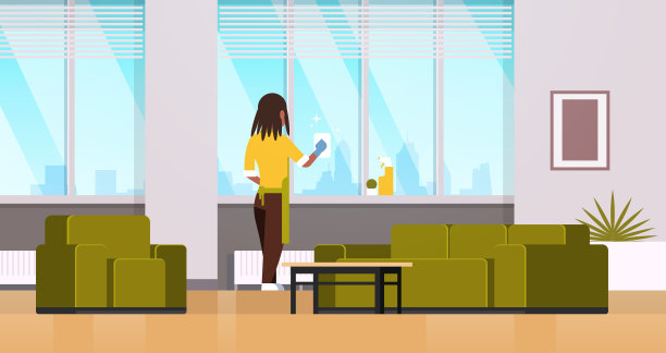 女人在手套和围裙清洁窗户与抹布清洁剂喷雾后视图非裔美国家庭主妇做家务的概念现代客厅内部水平平全长度图片下载