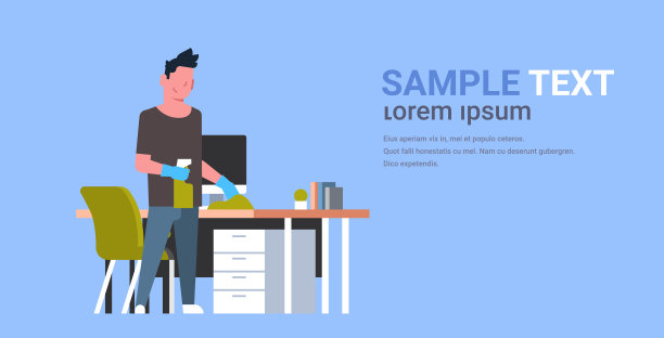 男人用抹布擦电脑桌子男人擦工作场所桌子家务概念男性卡通人物全长平水平复制空间图片下载