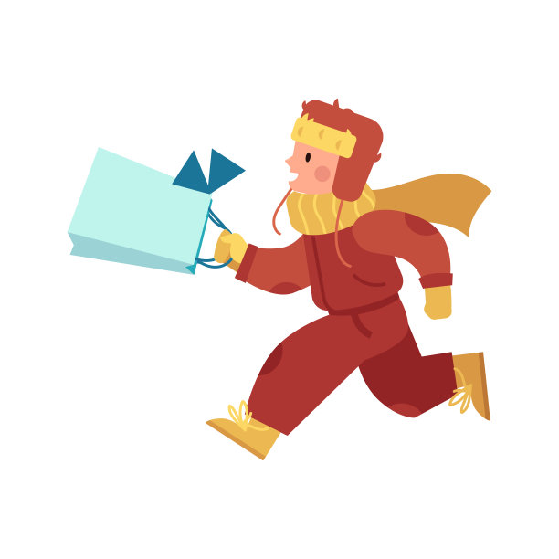 矢量插图的孩子男孩在冬天的衣服跑和匆忙与装饰购物袋。图片下载