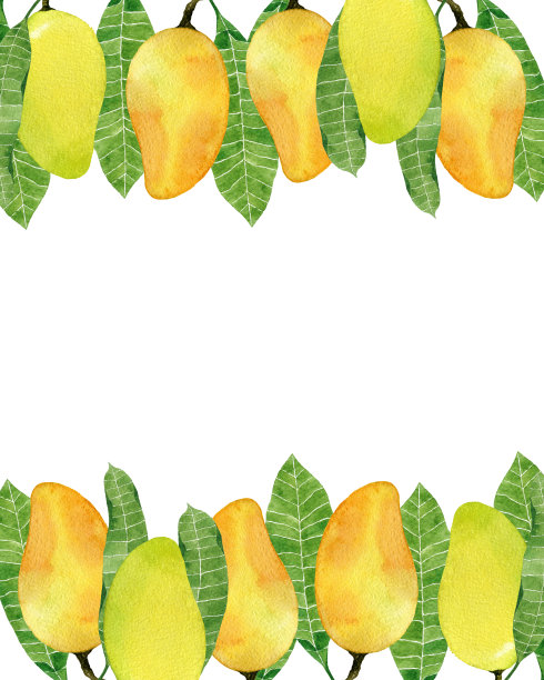 色彩丰富的背景与水彩芒果水果框架。素材图片