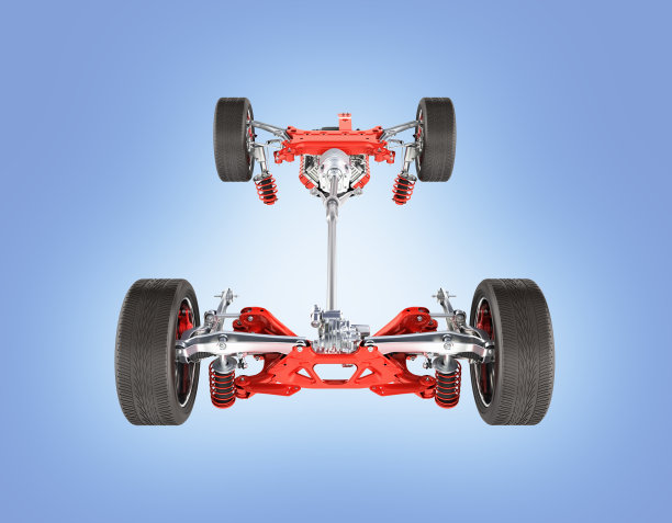 悬挂的汽车与车轮和发动机起落架在蓝色梯度背景3d的细节隔离图片下载
