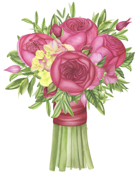 花束中有粉红色的玫瑰，绿色的叶子和树枝，绣球花和铁线莲，水彩画。图片下载