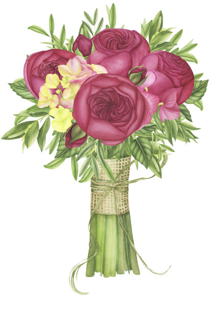 花束中有粉红色的玫瑰，绿色的叶子和树枝，绣球花和铁线莲，水彩画。图片下载