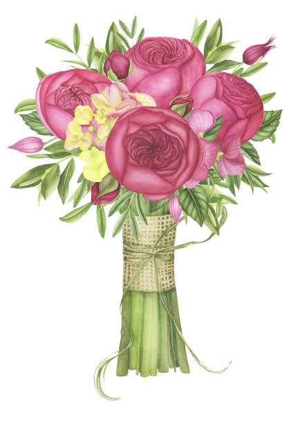 花束中有粉红色的玫瑰，绿色的叶子和树枝，绣球花和铁线莲，水彩画。图片下载