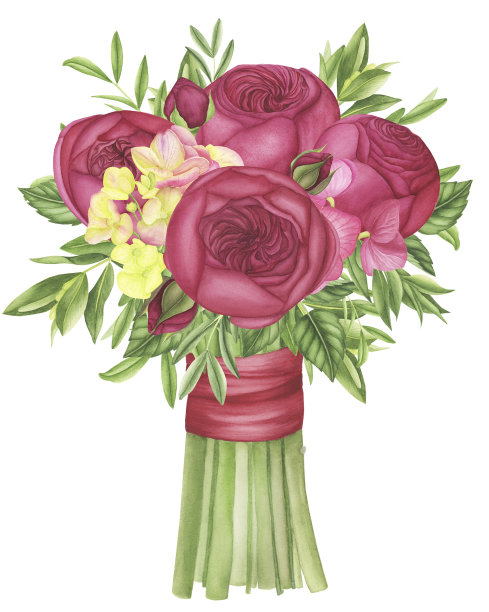 花束中有粉红色的玫瑰，绿色的叶子和树枝，绣球花和铁线莲，水彩画。图片下载