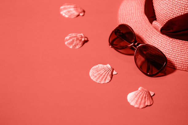 活珊瑚帽，太阳眼镜和贝壳，靠近图片下载