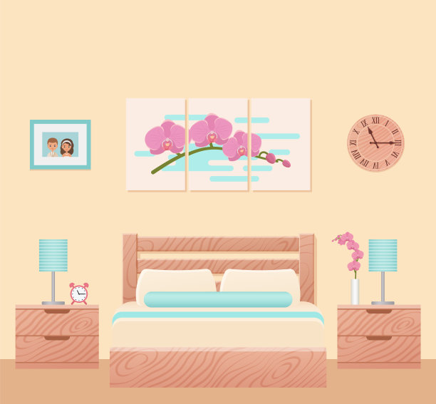 卧室，酒店房间内设床。矢量插图。图片下载