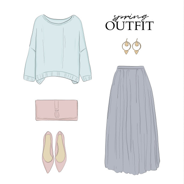 时尚服装春季套装:毛衣，裙子，玫瑰高跟鞋和钱包。淡雅魅力休闲装。现代时尚风格的套装。向量草图图片下载