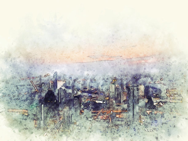 抽象办公楼以城市建筑为背景绘制水彩画。城市上的数字插画刷艺术。图片下载