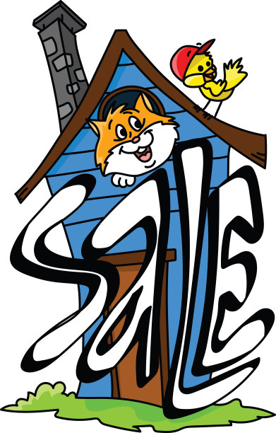 卡通猫和一只鸟从一个蓝色木屋的窗户看矢量插图出售图片下载