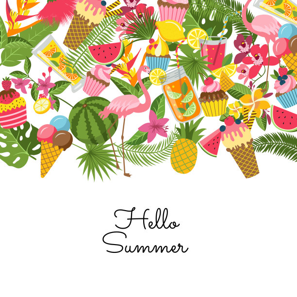 矢量平面可爱的夏季元素，鸡尾酒，火烈鸟，棕榈叶背景与地方文字插图图片下载