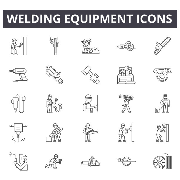 焊接设备线路图标，标志设置，矢量。焊接设备轮廓概念，说明:设备，焊接，工作，面罩，工业，工业，工人图片下载
