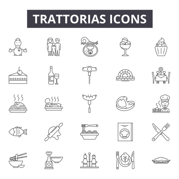 线条图标，标志设置，向量。餐厅概述概念，说明:食物，午餐，餐厅，餐厅，菜单，咖啡馆，披萨，吃图片下载