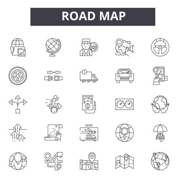 路线图线条图标、符号集、矢量图：道路、地图、方向、旅行、位置、指针图片下载